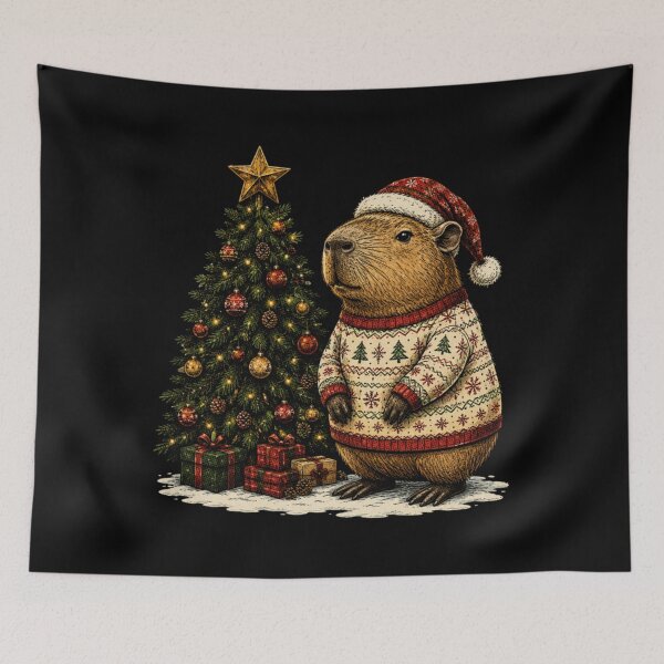 Item preview, capybara with santa christmas tree winter animals designed and sold by JazmineMosley.
