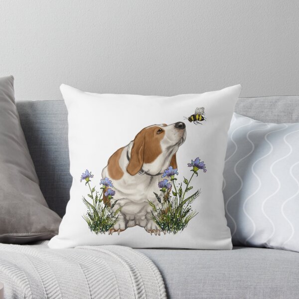 Item preview, Basset Hound Dog with Bee By Its NOSE, Purple Wildflowers designed and sold by JoyfulWhimsy.