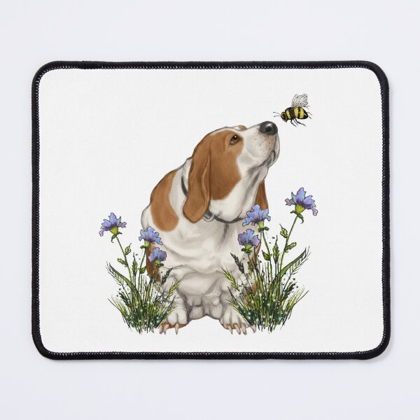 Item preview, Basset Hound Dog with Bee By Its NOSE, Purple Wildflowers designed and sold by JoyfulWhimsy.
