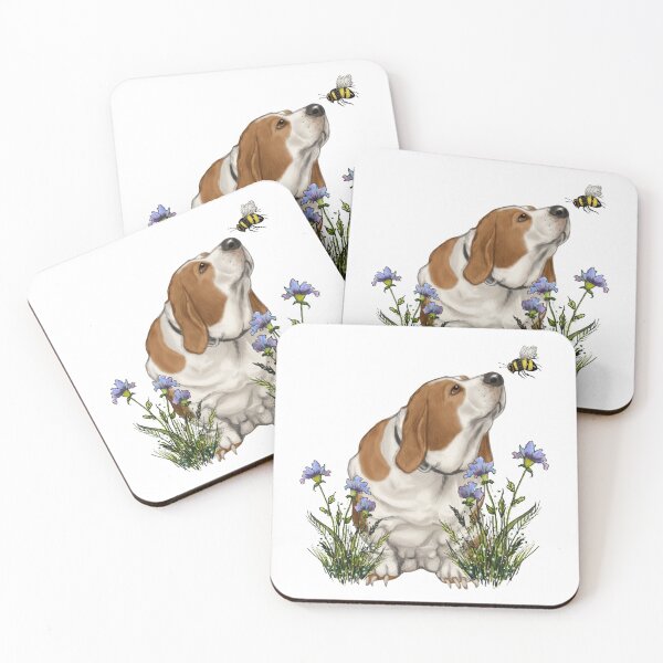 Item preview, Basset Hound Dog with Bee By Its NOSE, Purple Wildflowers designed and sold by JoyfulWhimsy.