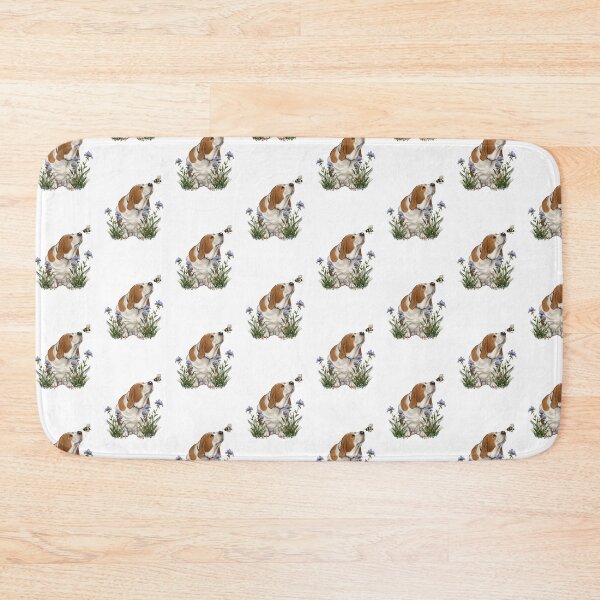Item preview, Basset Hound Dog with Bee By Its NOSE, Purple Wildflowers designed and sold by JoyfulWhimsy.