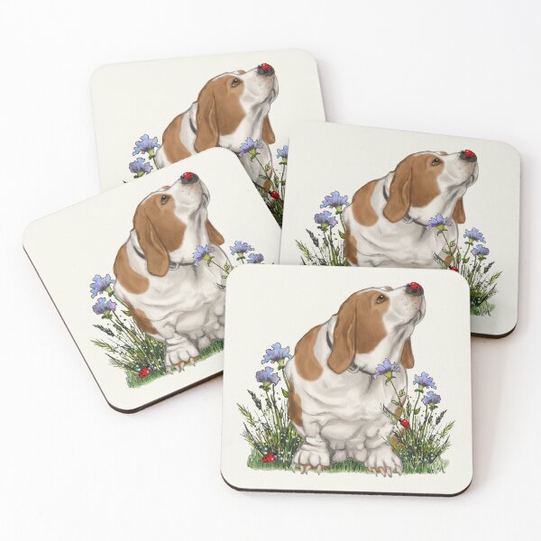Item preview, Basset Hound Dog with Ladybug on NOSE, Purple Wildflowers designed and sold by JoyfulWhimsy.