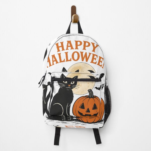 Item preview, Happy Halloween Black Cat Pumpkin and Flying Bats Print designed and sold by GrinGalore.
