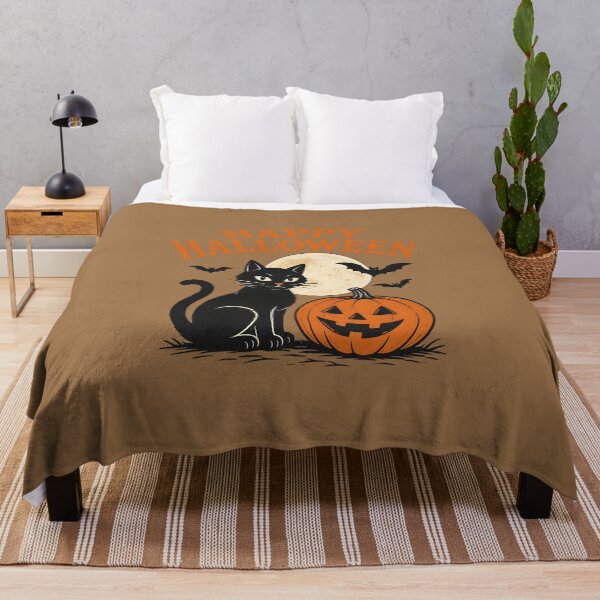 Item preview, Happy Halloween Black Cat Pumpkin and Flying Bats Print designed and sold by GrinGalore.