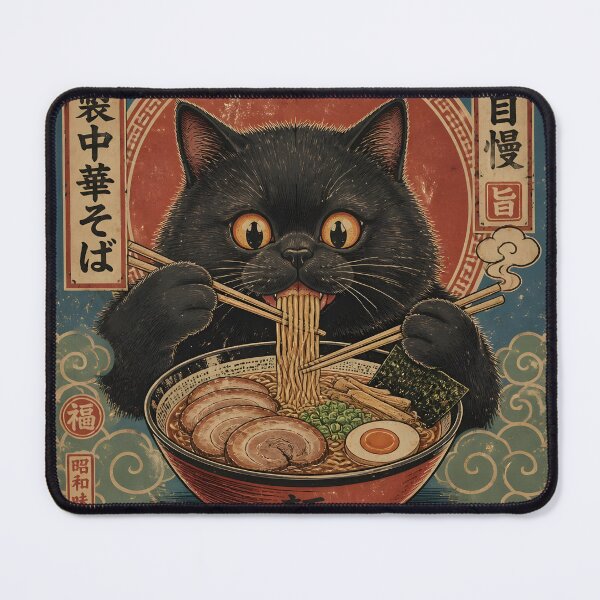 Item preview, Vintage Kawaii Japanese Black Cat Eating Ramen Noodles Ukiyo-e Poster designed and sold by GrinGalore.