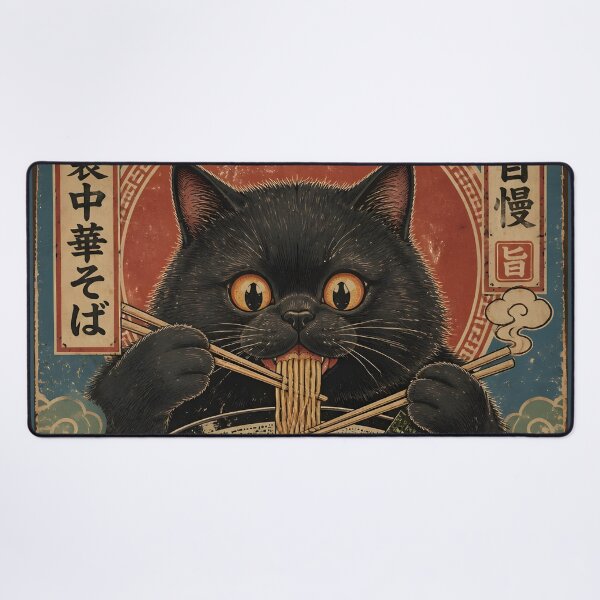 Item preview, Vintage Kawaii Japanese Black Cat Eating Ramen Noodles Ukiyo-e Poster designed and sold by GrinGalore.