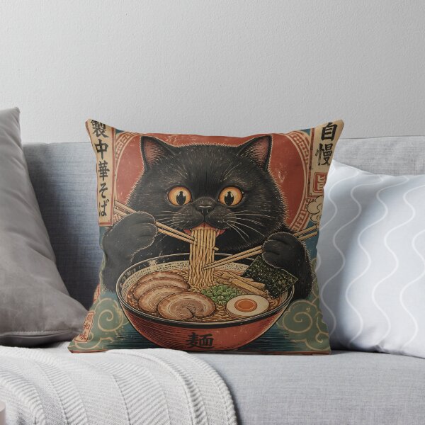 Item preview, Vintage Kawaii Japanese Black Cat Eating Ramen Noodles Ukiyo-e Poster designed and sold by GrinGalore.