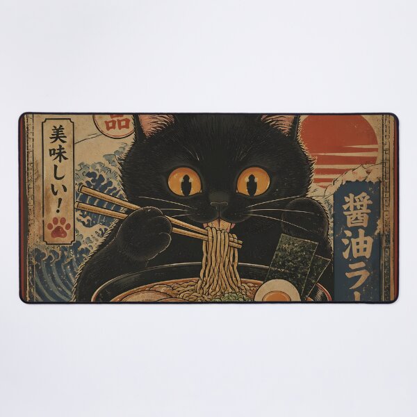 Item preview, Vintage Kawaii Japanese Ukiyo-e Black Cat Ramen Eating Poster Art designed and sold by GrinGalore.