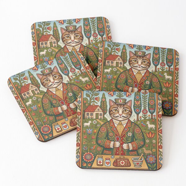 Item preview, The Feline Prescription: Naive Folk Art Cat Physician Art Print designed and sold by FreiherrPK.