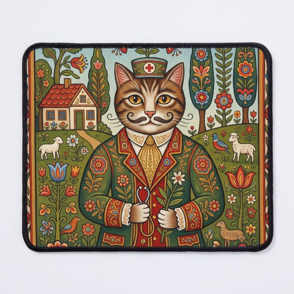 Item preview, The Feline Prescription: Naive Folk Art Cat Physician Art Print designed and sold by FreiherrPK.