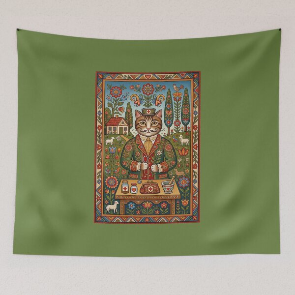 Item preview, The Feline Prescription: Naive Folk Art Cat Physician Art Print designed and sold by FreiherrPK.