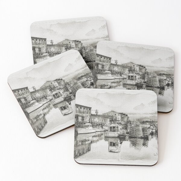 Item preview, Minimalist Coastal Sketch, Black & White Watercolor Harbor Print designed and sold by Old Barn Studios.
