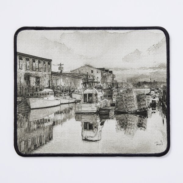 Item preview, Minimalist Coastal Sketch, Black & White Watercolor Harbor Print designed and sold by Old Barn Studios.