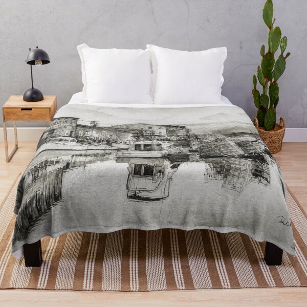 Item preview, Minimalist Coastal Sketch, Black & White Watercolor Harbor Print designed and sold by Old Barn Studios.
