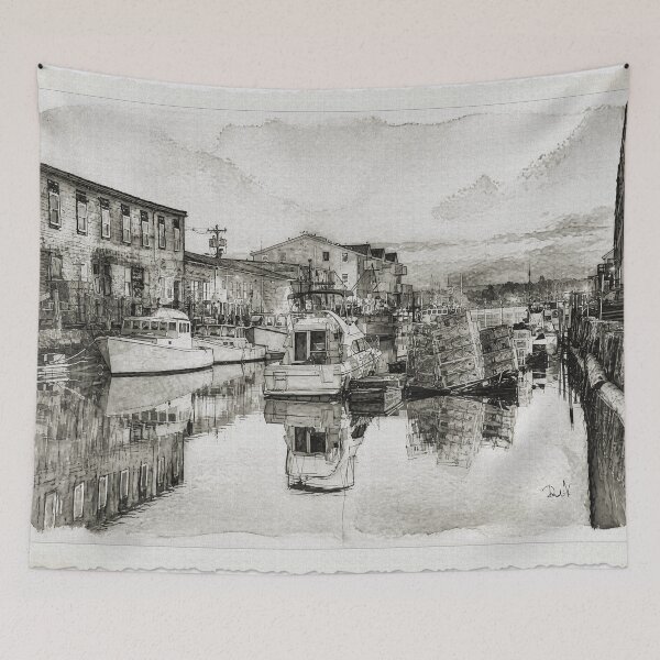 Item preview, Minimalist Coastal Sketch, Black & White Watercolor Harbor Print designed and sold by Old Barn Studios.