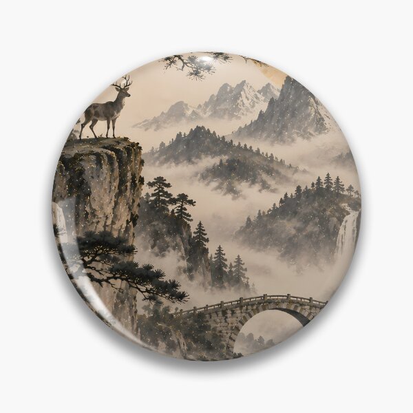Item preview, Japandi Ink Landscape Deer Bridge Waterfall Gold Sun designed and sold by Jozefin's Studio.