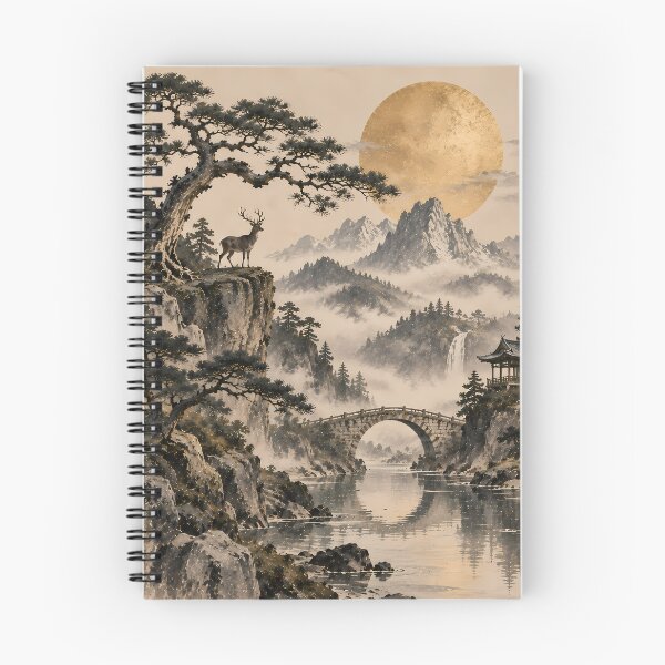 Item preview, Japandi Ink Landscape Deer Bridge Waterfall Gold Sun designed and sold by Jozefin's Studio.