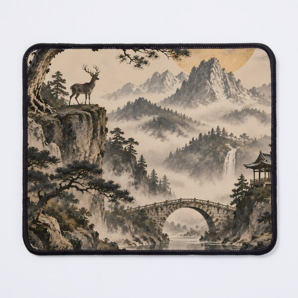 Item preview, Japandi Ink Landscape Deer Bridge Waterfall Gold Sun designed and sold by Jozefin's Studio.