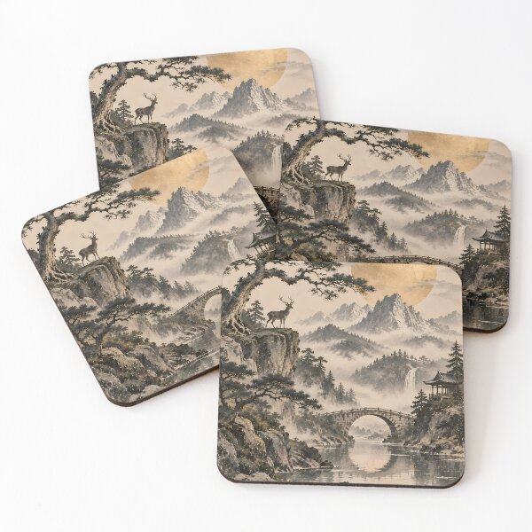 Item preview, Japandi Ink Landscape Deer Bridge Waterfall Gold Sun designed and sold by Jozefin's Studio.