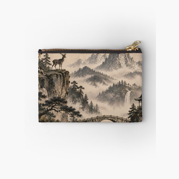 Item preview, Japandi Ink Landscape Deer Bridge Waterfall Gold Sun designed and sold by Jozefin's Studio.