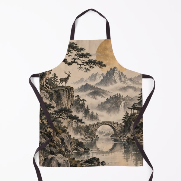 Item preview, Japandi Ink Landscape Deer Bridge Waterfall Gold Sun designed and sold by Jozefin's Studio.