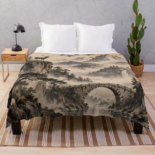 Item preview, Japandi Ink Landscape Deer Bridge Waterfall Gold Sun designed and sold by Jozefin's Studio.