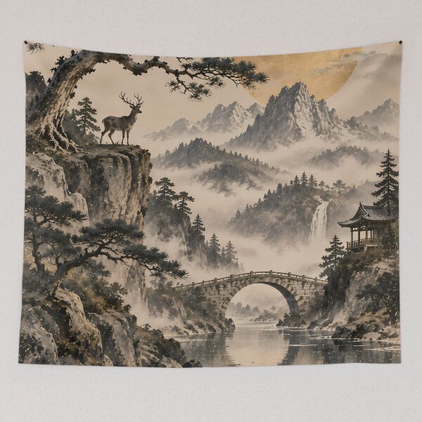 Item preview, Japandi Ink Landscape Deer Bridge Waterfall Gold Sun designed and sold by Jozefin's Studio.