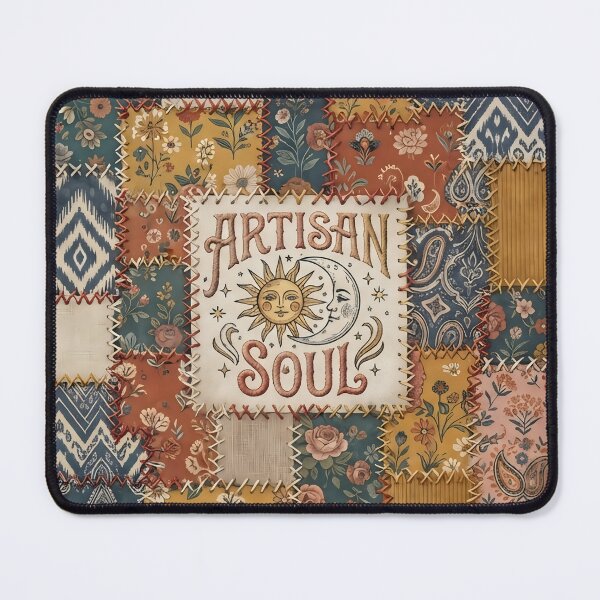 Item preview, Artisan Soul Vintage Faux Patchwork Boho Celestial Sun and Moon Quilt Aesthetic Print designed and sold by Bhaskar Digital Art.