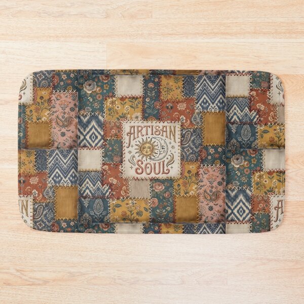 Item preview, Artisan Soul Vintage Faux Patchwork Boho Celestial Sun and Moon Quilt Aesthetic Print designed and sold by Bhaskar Digital Art.