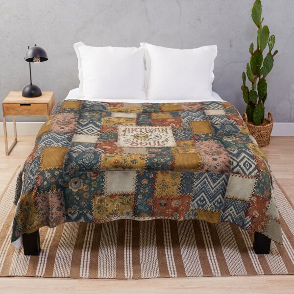 Item preview, Artisan Soul Vintage Faux Patchwork Boho Celestial Sun and Moon Quilt Aesthetic Print designed and sold by Bhaskar Digital Art.