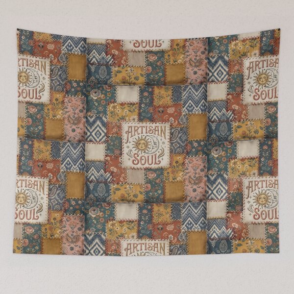 Item preview, Artisan Soul Vintage Faux Patchwork Boho Celestial Sun and Moon Quilt Aesthetic Print designed and sold by Bhaskar Digital Art.
