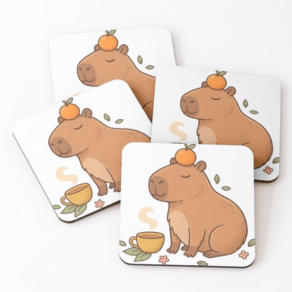 Item preview, Cute Capybara with Orange on Head and Cup of Tea Kawaii Animal designed and sold by ahmadhamdi.