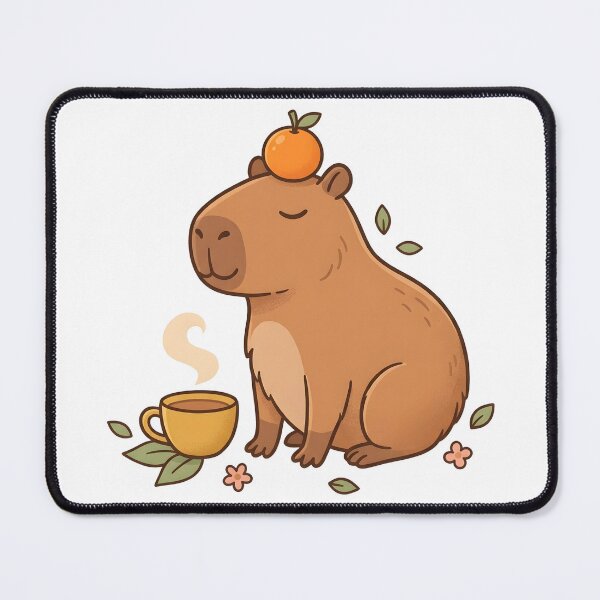 Item preview, Cute Capybara with Orange on Head and Cup of Tea Kawaii Animal designed and sold by ahmadhamdi.