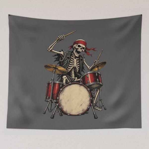 Item preview, Skeleton Drummer Playing Red Drum Kit Heavy Metal Vintage Rock Art designed and sold by Creative Spark.