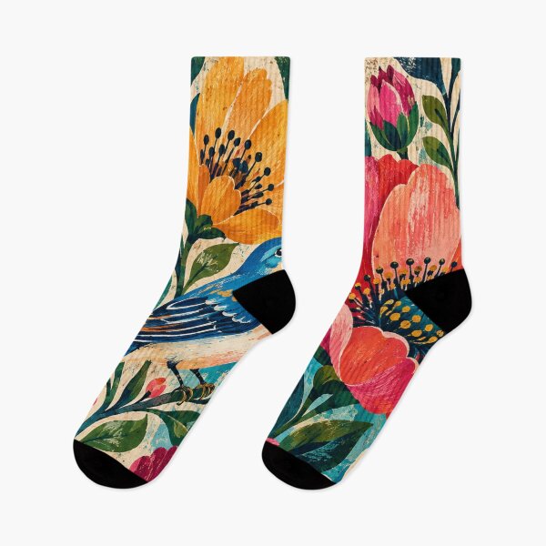 Item preview, Blue Bird & Wildflowers – Colorful Vintage Folk Art designed and sold by RetroPop23.