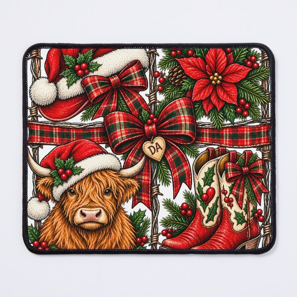Item preview, Country Christmas Highland Cow Western Cowgirl Boots Plaid Bow Art designed and sold by DesignArtist.ia.