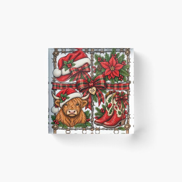 Item preview, Country Christmas Highland Cow Western Cowgirl Boots Plaid Bow Art designed and sold by DesignArtist.ia.