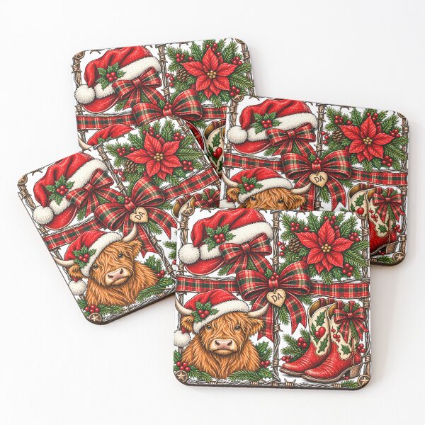 Item preview, Country Christmas Highland Cow Western Cowgirl Boots Plaid Bow Art designed and sold by DesignArtist.ia.