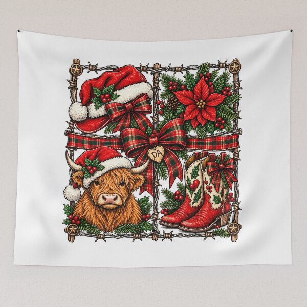 Item preview, Country Christmas Highland Cow Western Cowgirl Boots Plaid Bow Art designed and sold by DesignArtist.ia.