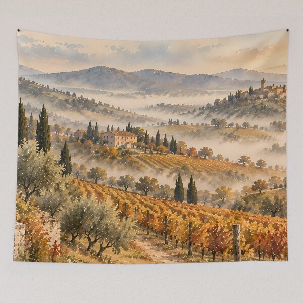 Item preview, Rustic Tuscan Vineyard Autumn Watercolour Landscape Painting designed and sold by Jozefin's Studio.