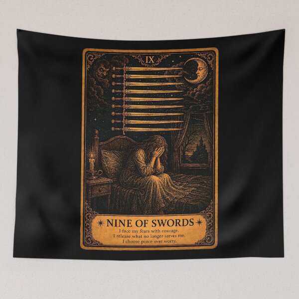 Item preview, Nine of Swords Tarot Card - Anxiety & Sleepless Nights Illustration designed and sold by ArcanaAbsolute.