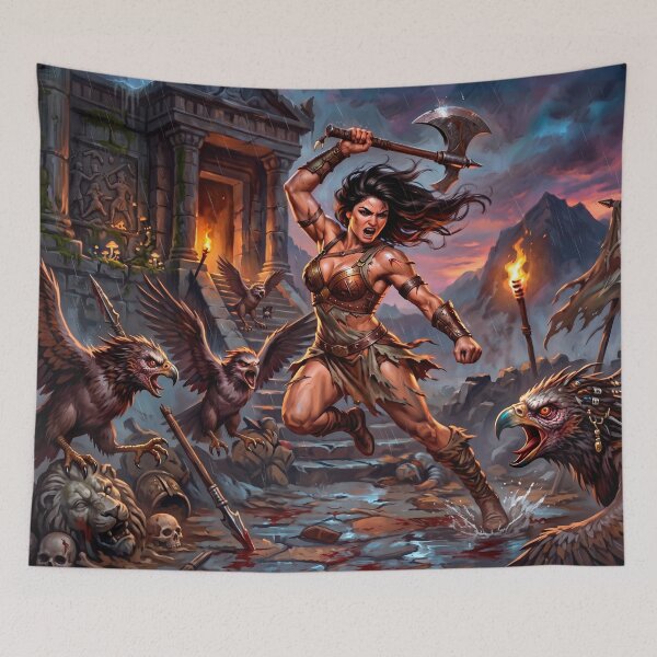 Item preview, Fierce Amazonian Warrior vs Griffins – Epic Fantasy Battle Art designed and sold by VALKYRAART53.