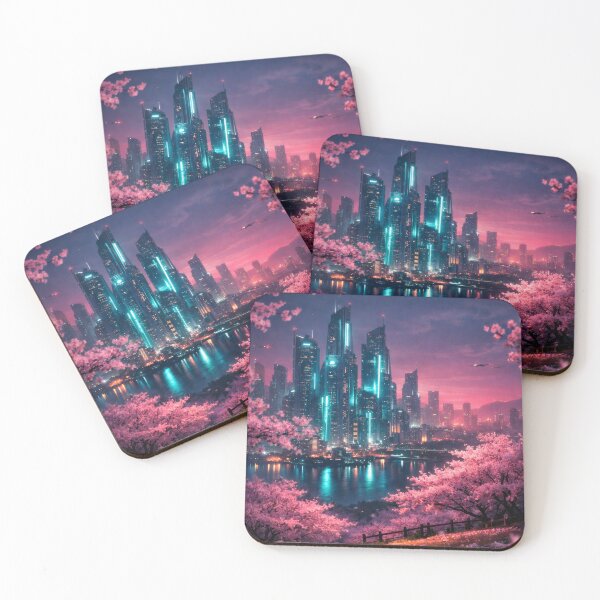 Item preview, Neon Cherry Blossom Night | Japanese Sakura Illustration | Dreamy Retro-Futuristic Cityscape & Atmospheric Wall Art designed and sold by PaintedPixels01.