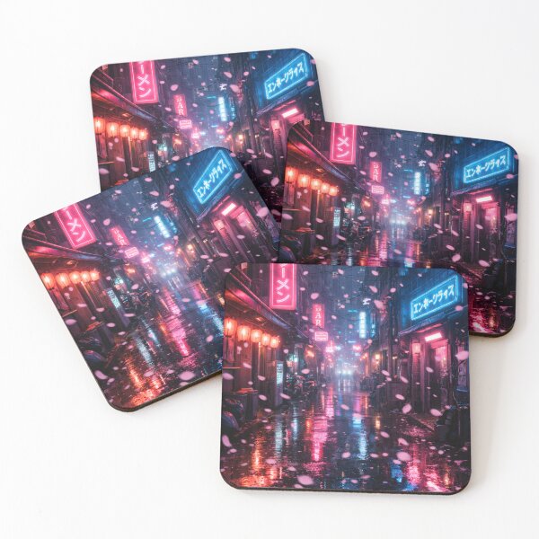Item preview, Neon Cherry Blossom Night | Japanese Sakura Illustration | Dreamy Retro-Futuristic Cityscape & Atmospheric Wall Art designed and sold by PaintedPixels01.