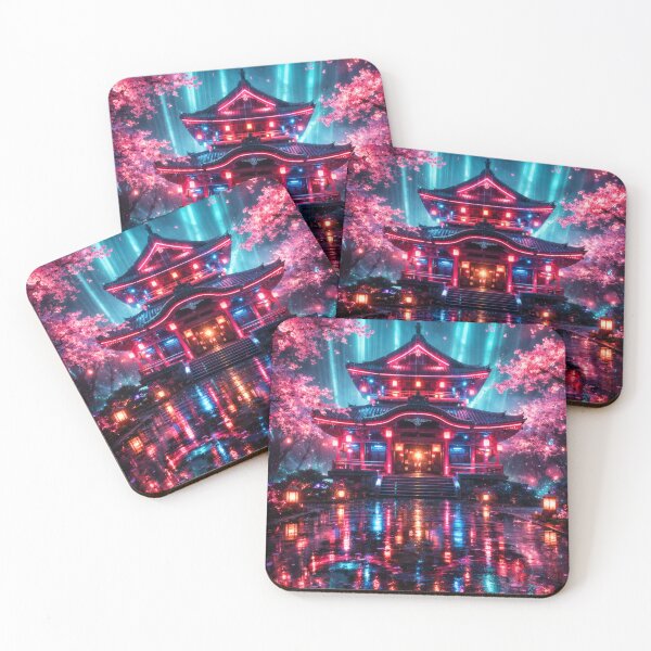 Item preview, Neon Cherry Blossom Night | Japanese Sakura Illustration | Dreamy Retro-Futuristic Cityscape & Atmospheric Wall Art designed and sold by PaintedPixels01.