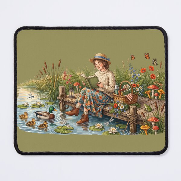 Item preview, Lakeside Book Lover Cottagecore Reading Illustration designed and sold by SebastianSpace.