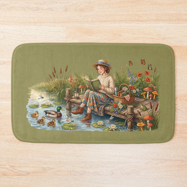Item preview, Lakeside Book Lover Cottagecore Reading Illustration designed and sold by SebastianSpace.