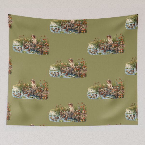 Item preview, Lakeside Book Lover Cottagecore Reading Illustration designed and sold by SebastianSpace.