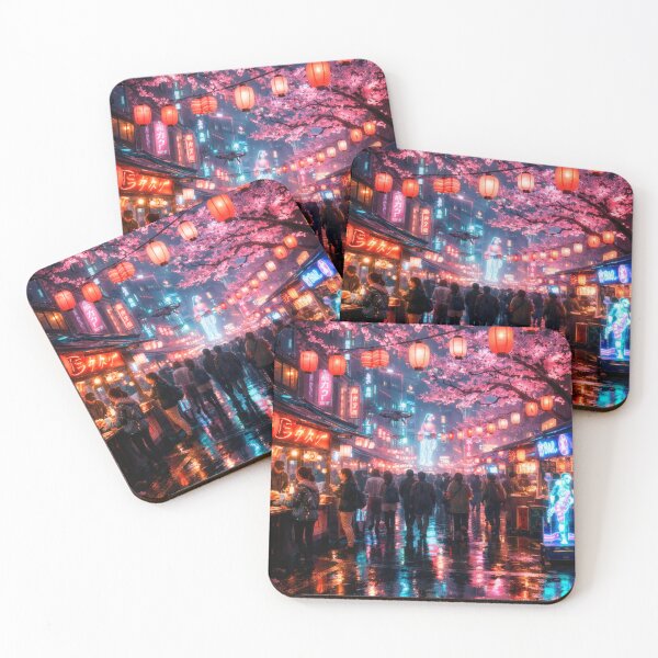 Item preview, Neon Cherry Blossom City Night | Futuristic Japanese Cityscape Illustration | Dreamy Sakura Lights & Cyberpunk Wall Art designed and sold by PaintedPixels01.