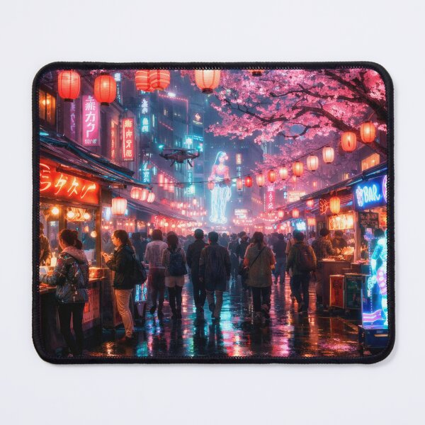 Item preview, Neon Cherry Blossom City Night | Futuristic Japanese Cityscape Illustration | Dreamy Sakura Lights & Cyberpunk Wall Art designed and sold by PaintedPixels01.
